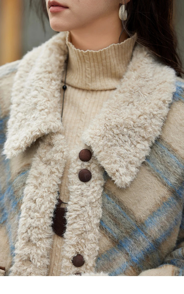 MISHOW Splicing Fleece Short Coat Women 2024 Winter Vintage French Plaid Tweed Thickened Warm Turn Down Collar Jacket MXD55W0574