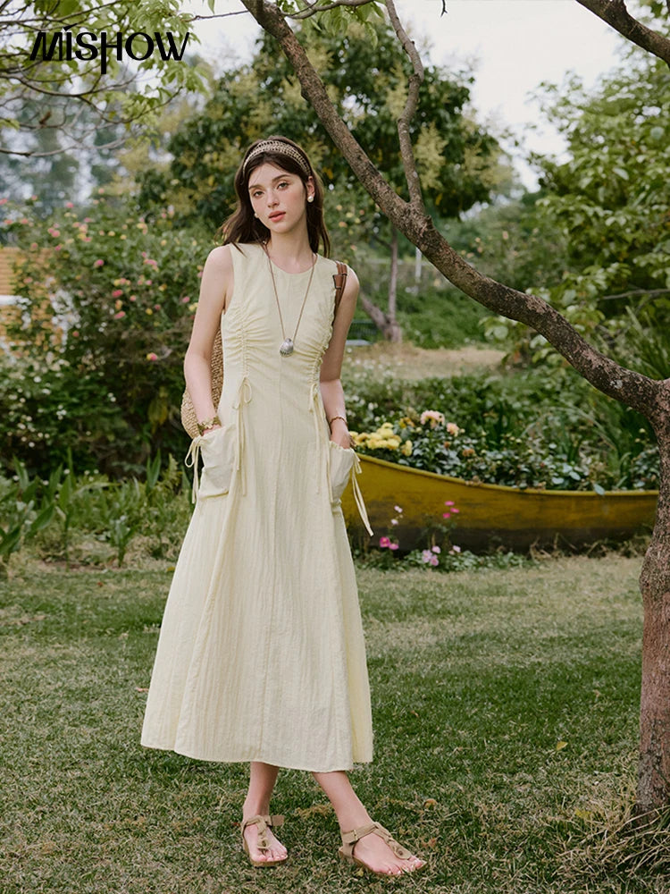 MISHOW Office Lady Summer Dress Women New 2025 Sleeveless Round Neck Drawstring Waist with Pockets Slim Dresses Woman MXE34L2228