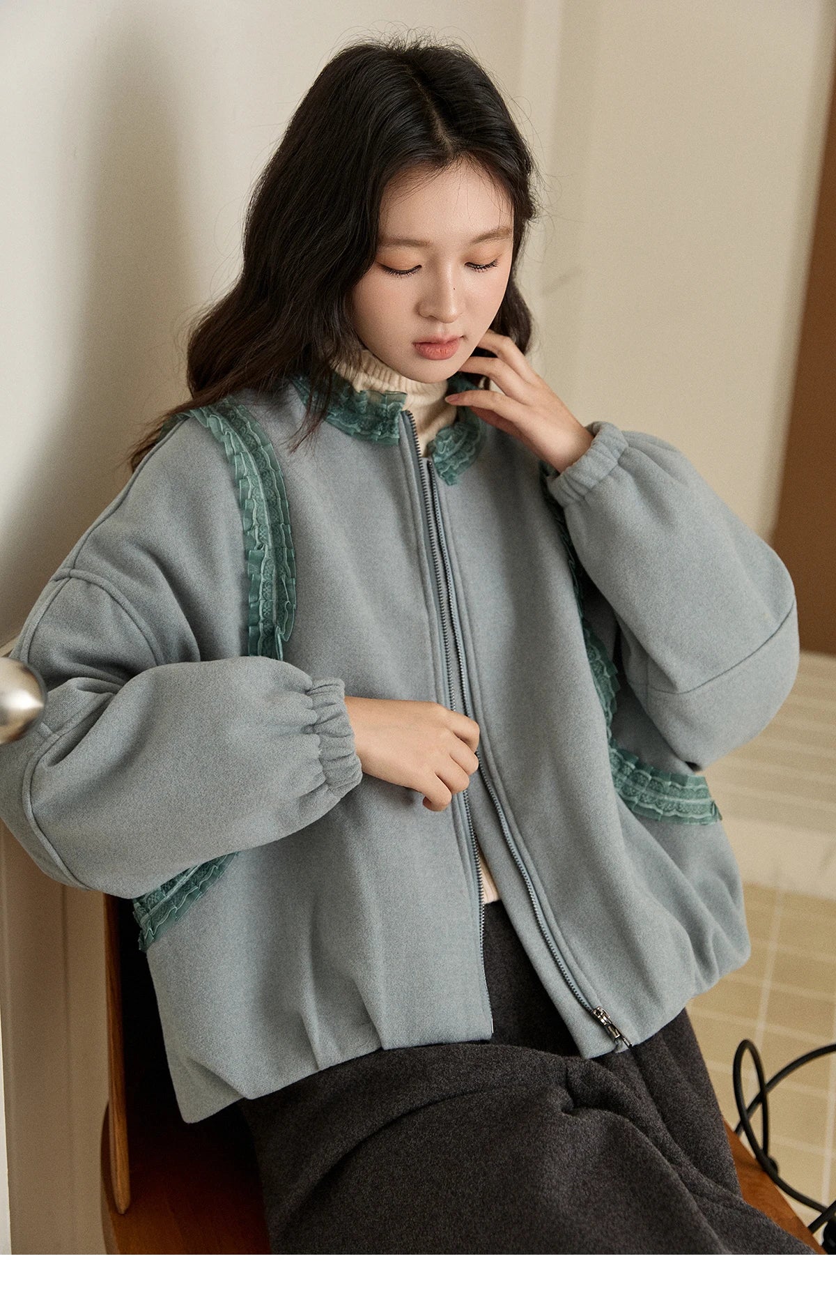 MISHOW Women's Light Blue Down Coats Winter Lace Decor Zipper Puff Sleeve Coats O Neck Loose Casual Warm Outerwear MXE94W1048