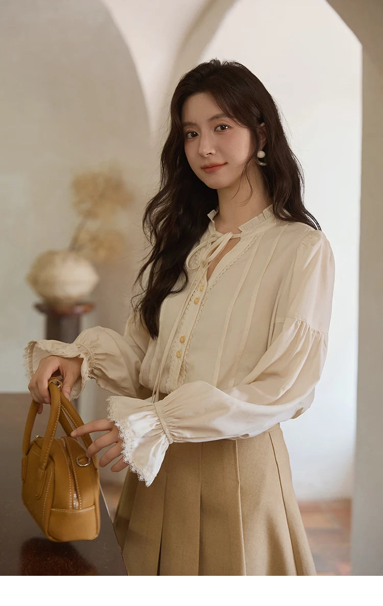 MISHOW French 100% Lyocell Apricot Shirt 2025 Autumn Flared Sleeves Lace Edges Shirts V-neck Slim Top Office Lady MXE41C2351