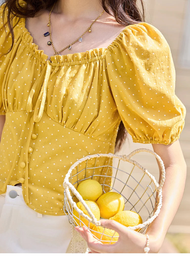 MISHOW Yellow Polka Dot One Shoulder Blouses for Women Summer 2025 Back Elastic Vintage 100 Cotton Top Lace-up Blouse MXE35X1840