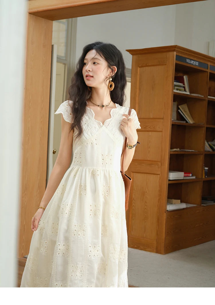 MISHOW Women's Flying Sleeve V-neck Hollow Dress 2025 Summer Embroidery A-line Dress Seaside Vacation Long Dresses MXE39L2404