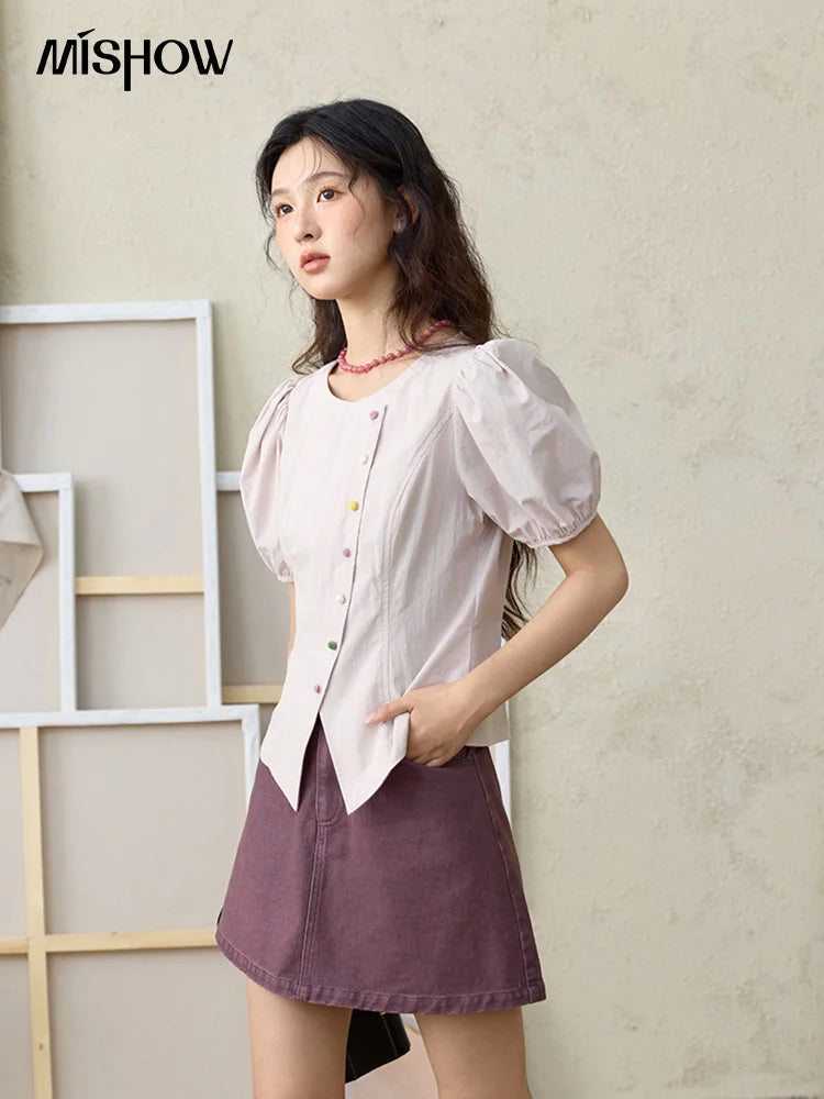MISHOW Bubble Sleeves Blouses for Women Summer 2025 Irregular Placket Tops Rainbow Button Solid Blouse Office Lady MXE34X1782