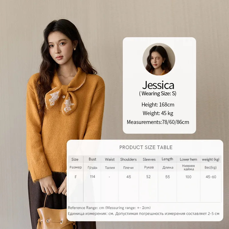 MISHOW Women's Yellow Knitted Sweater 2025 Autumn Winter Bow Collar Splicing Lace Tops Loose Warm Pullover Sweaters MXE94Z2971