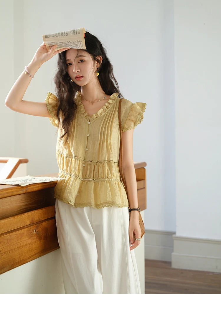 MISHOW Women's Summer Shirt 2025 New Wood Ear V-neck Flying Sleeve Shirt Casual Wrinkle Spliced Button Ladies Top MXE37X1908