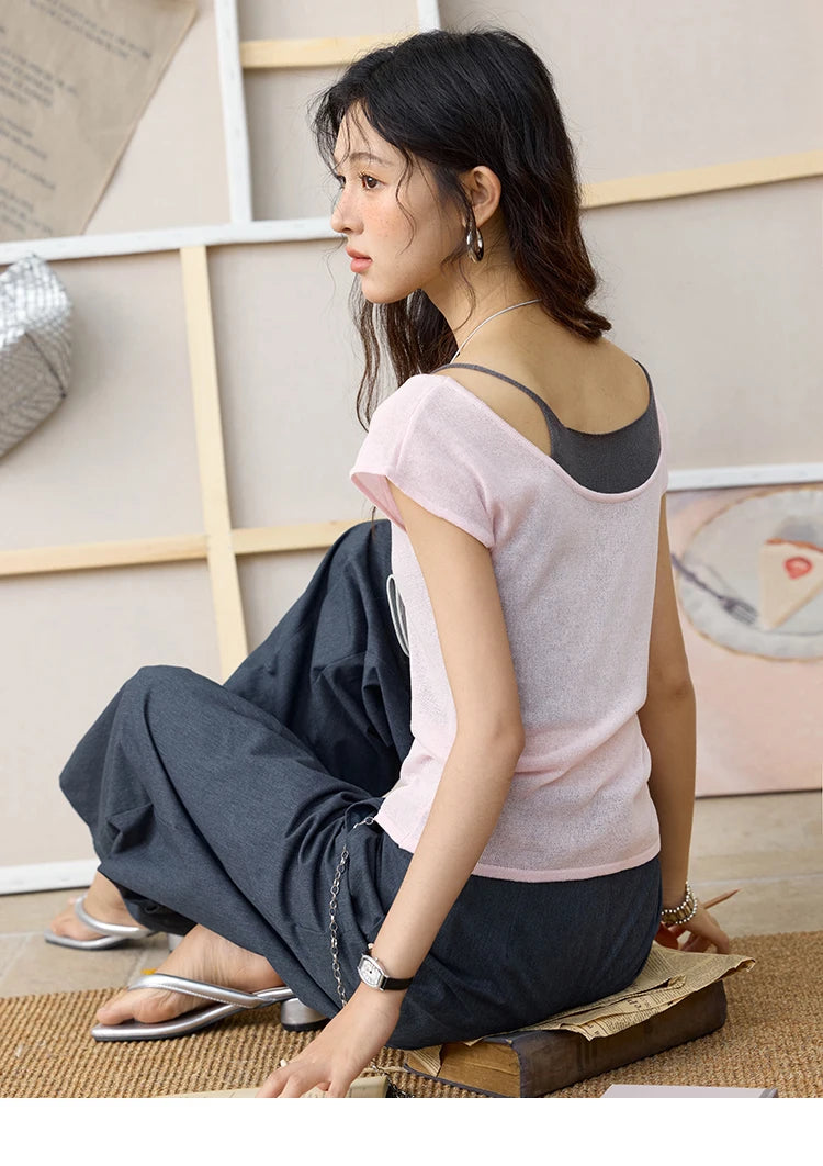 MISHOW Women's Linen Short Sleeve T-shirt 2025 Summer Contrast Color Fake Two-piece Knitted Top Thin Cool Casual Tees MXE36Z1277