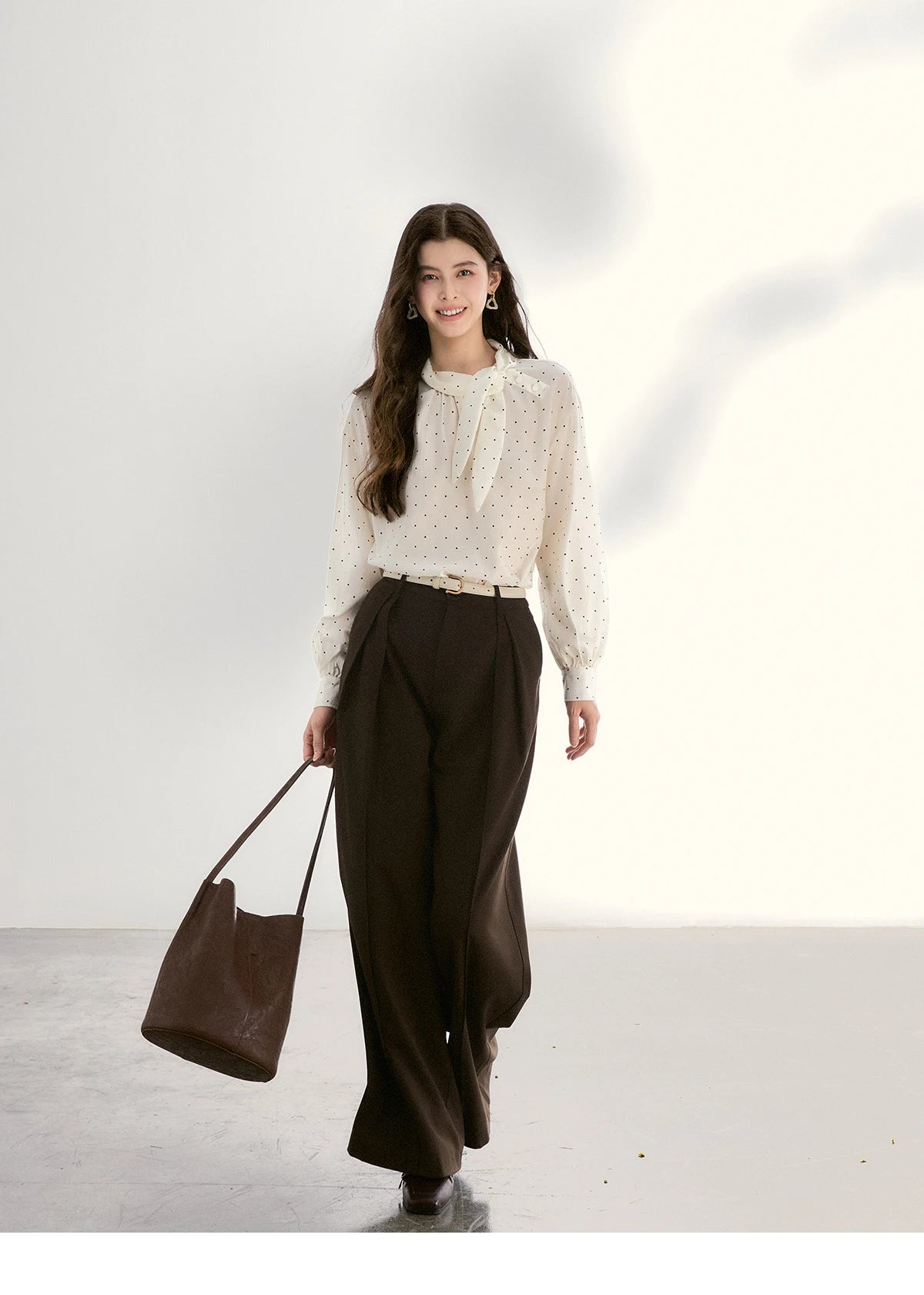 MISHOW Women's White Polka Dot Blouse Spring Bow Tie Neck Sheer Chiffon Blouses Casual Long Sleeve Top Office Lady MXF13X2531