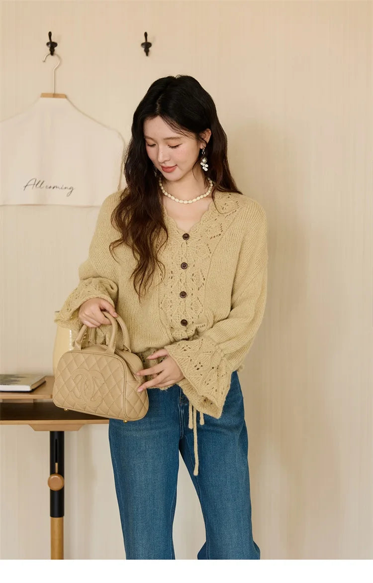 MISHOW Handmade Crochet Sweater Cardigan Autumn Mohair Flare Sleeve Knitted Tops Wave V-neck Lace-up Waist Sweater MXE47Z2513