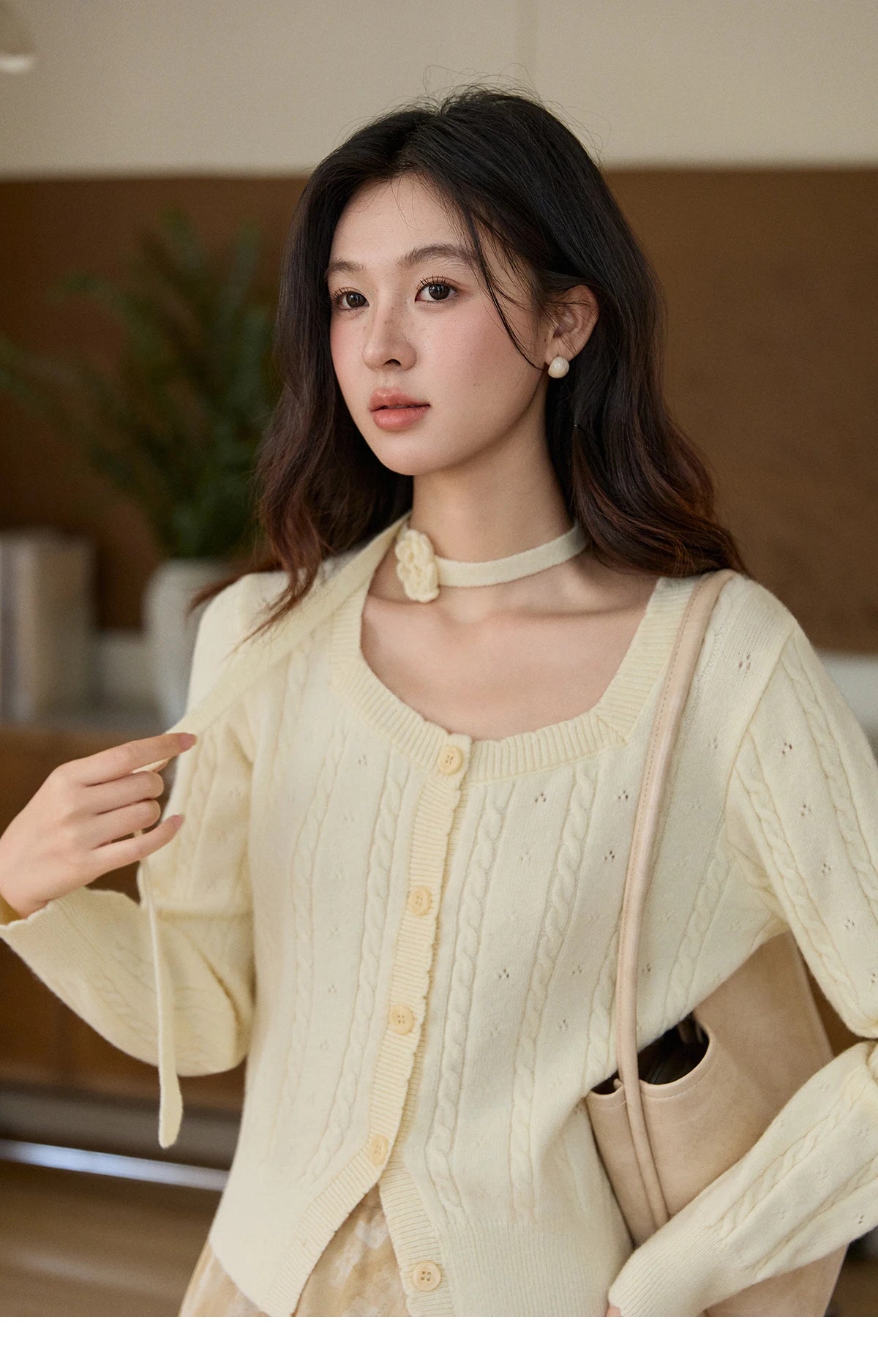 MISHOW Women's Beige Cable Knit Cardigan 2026 Spring Square Neck Long Sleeve Slim Casual Knitwear with Flower Ribbon MXF11Z2903