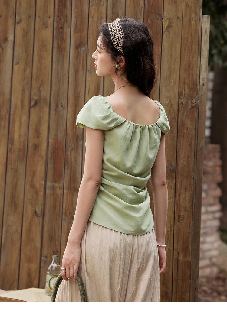 MISHOW French Summer Shirt Women 2025 New Short Flying Sleeve Square Collar Solid Slimming Blouses Female Versatile MXE34X1804