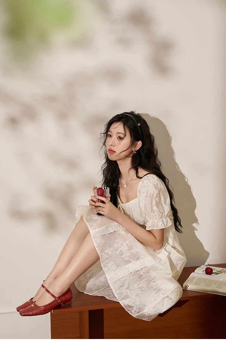 MISHOW Square Neck Vertical Stripe Ruffle Edge Dress 2025 Summer Tea Break French Bubble Sleeve Vacation Long Dresses MXD27L1808