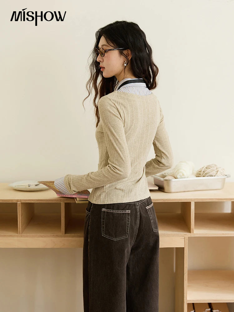 MISHOW Women's Fake Two Knitted Top 2025 Autumn Oat Shirt Collar Splicing Striped Cuffs Thin Sweaters Office Lady MXE46Z2535