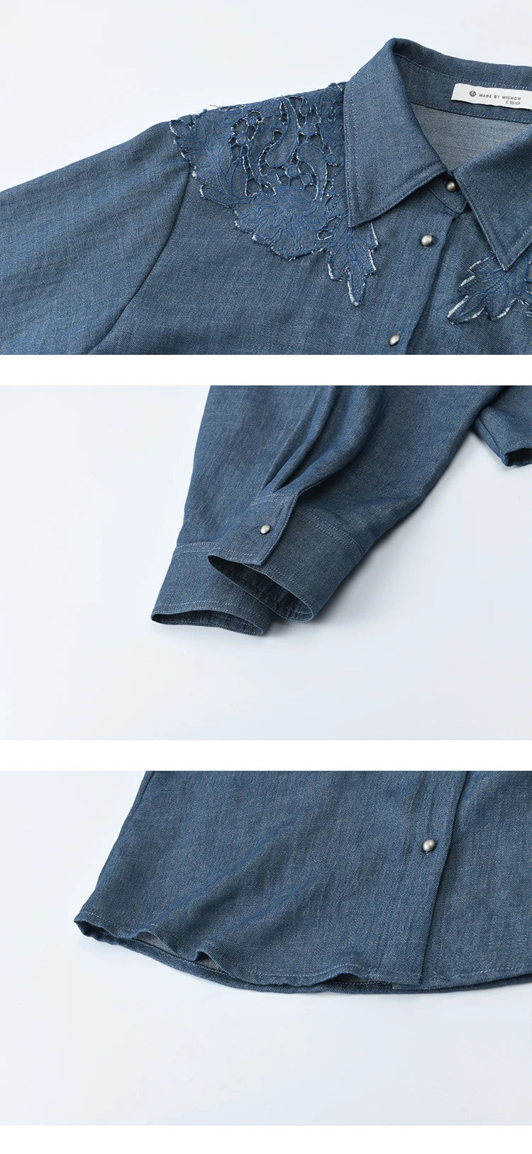 MISHOW Women's Blue Shirt Autumn 2025 Hollowed Out Patchwork Embroidery Tops Imitation Denim Fabric Loose Retro Shirt MXE46C2410