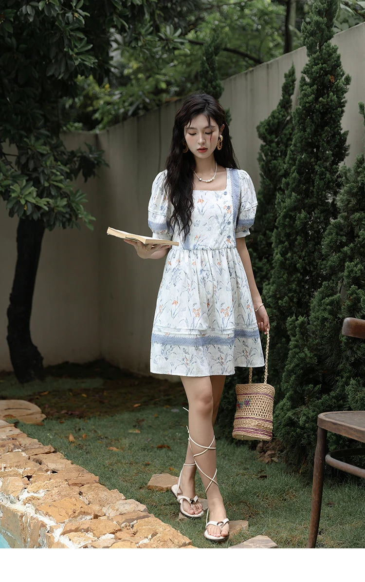 MISHOW Ink Wash Printed Fabric Dress for Women 2025 Summer French Oil Painting Square Neck Splicing Lace Doll Dresses MXD29L1932