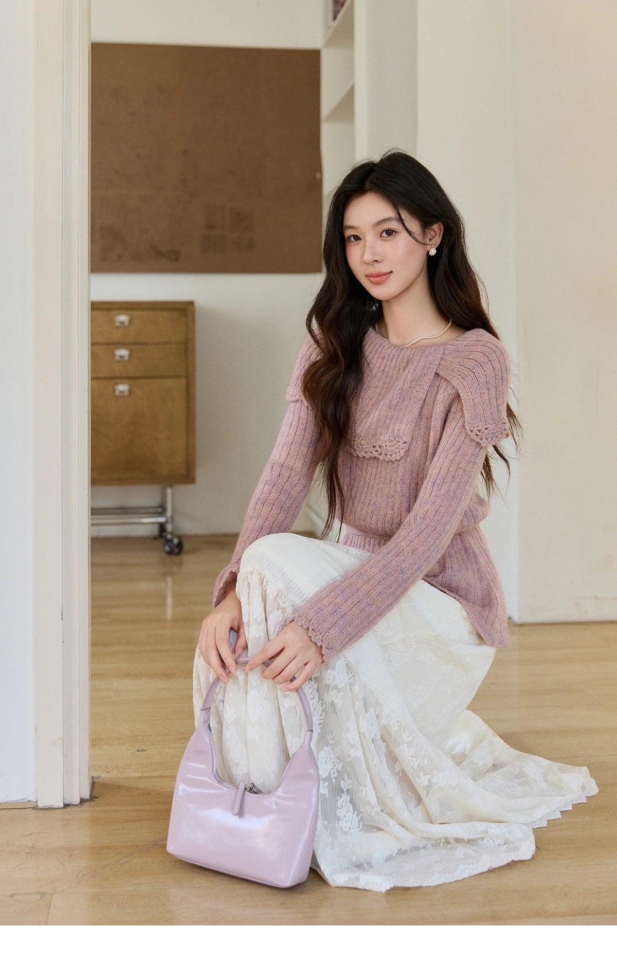 MISHOW Women's Pink Ribbed Knitted Sweater 2026 Spring Large Collar Lace Trim Belted Waist Long Sleeve Pullover Tops MXF11Z2901