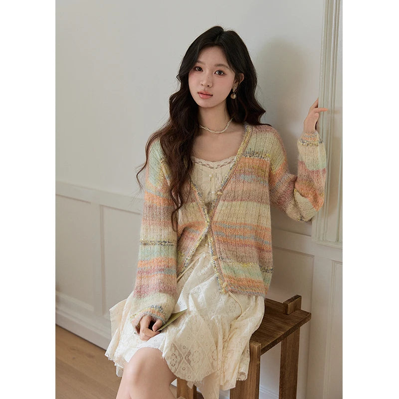MISHOW Women's Gradient Striped Knit Cardigan 2026 Spring V Neck Single Breasted Casual Thin Soft Rainbow Sweater MXF13Z3019