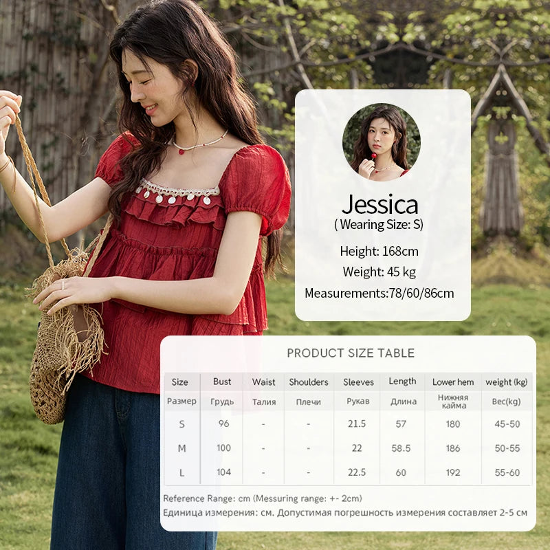 MISHOW Female Fashion Square Collar Loose Blouse 2025 Summer New Commute Puff Sleeve Tierred Top Women's Clothing MXE33X1763