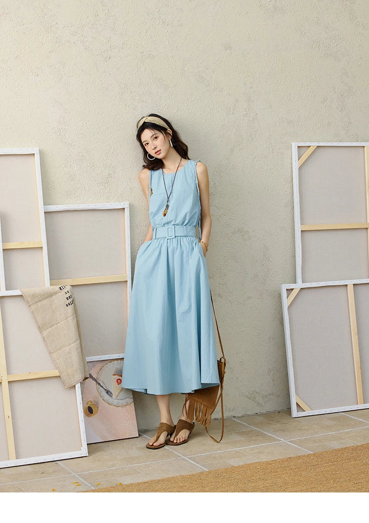 MISHOW Women's Vest Dress 2025 Summer Hand Woven Fried Dough Twists Waist Belt Slim Long Dress A-line Vacation Dress MXE34L2223