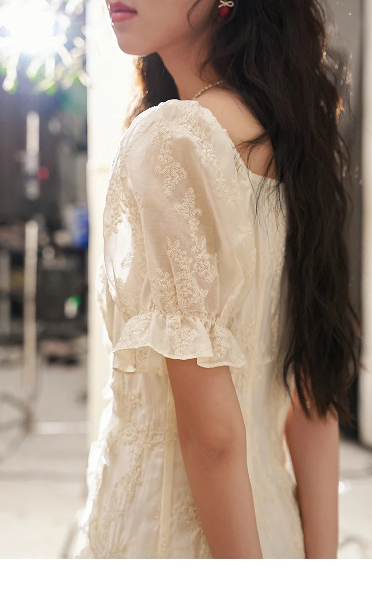 MISHOW Square Neck Vertical Stripe Ruffle Edge Dress 2025 Summer Tea Break French Bubble Sleeve Vacation Long Dresses MXD27L1808