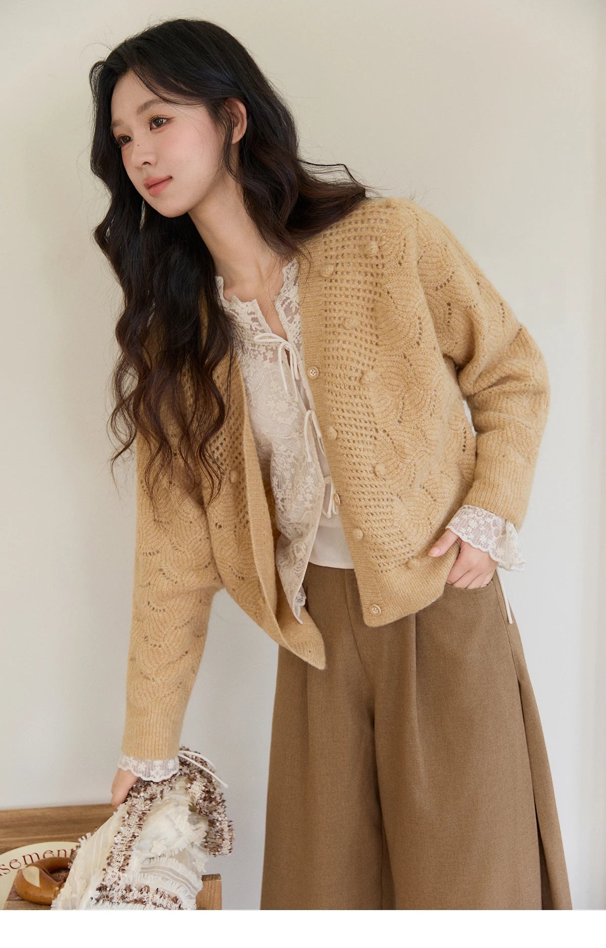 MISHOW Women's Sweet Lace Top Camisole Set Spring Tie Front Flare Sleeve Sheer Casual Elegant Two-Piece Knitwear MXF108X1001