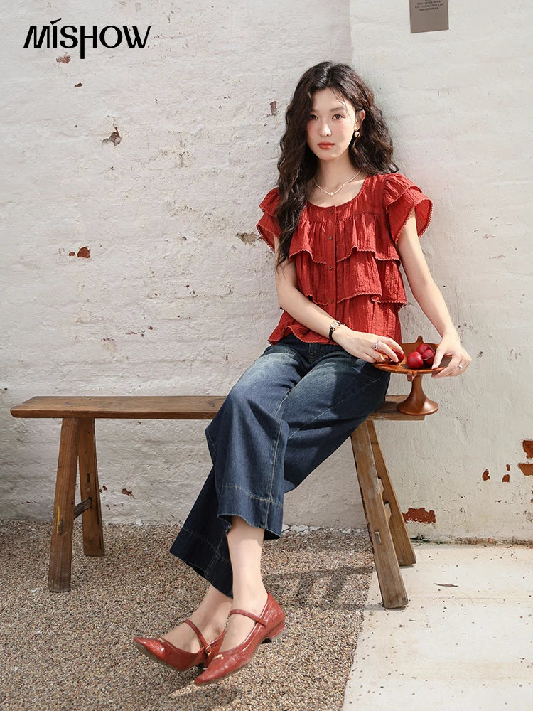 MISHOW Women's French Square Collar Blouses 2024 Summer Retro Red Ruffle Lace Cake Top Puff Sleeve Solid Sweet Blouse MXD30X1488