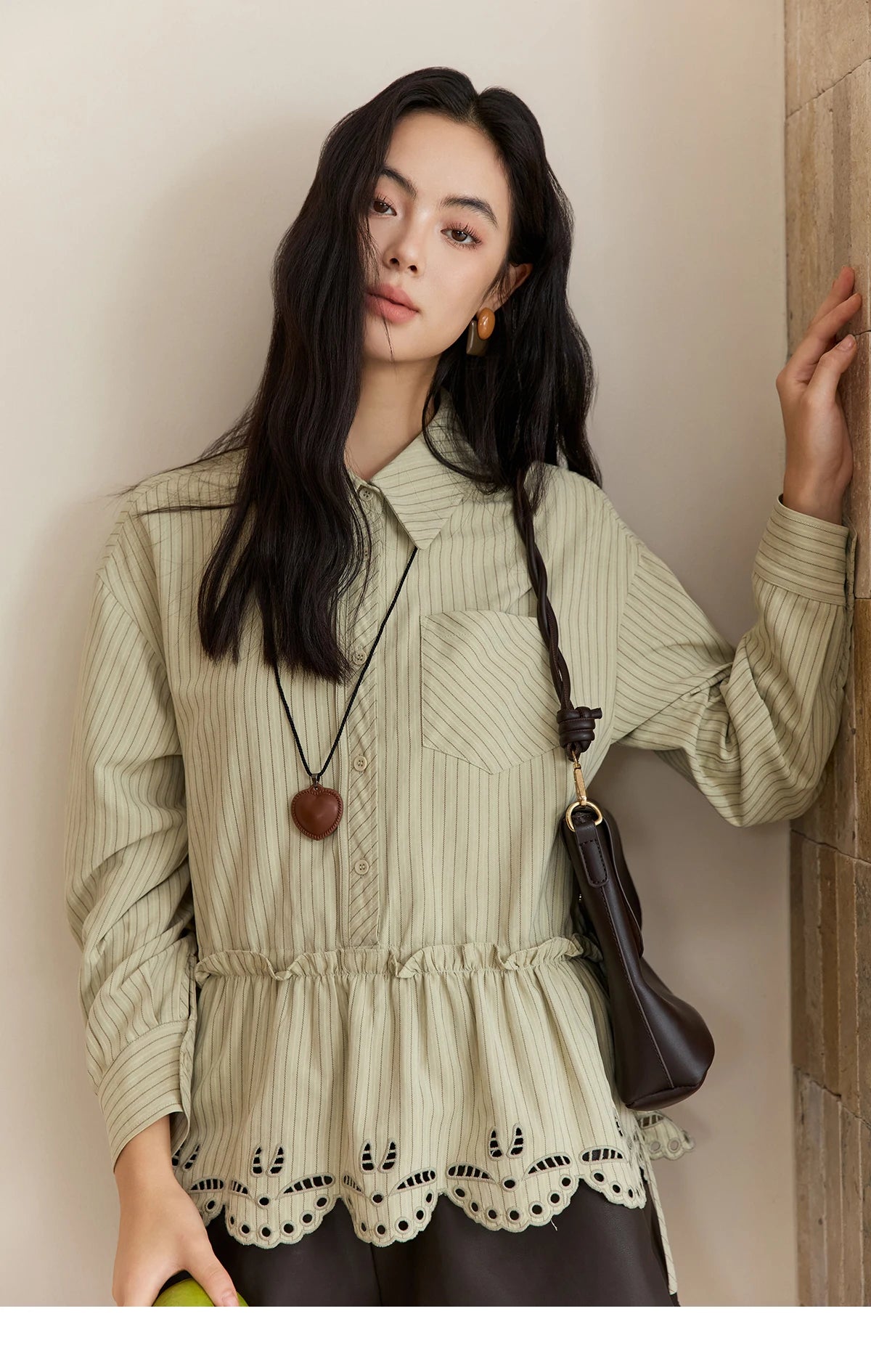 MISHOW Green Striped Shirt for Women 2025 Autumn New Fashion Design Embroidery Loose Casual Tops Commuting Shirt MXE49C2414