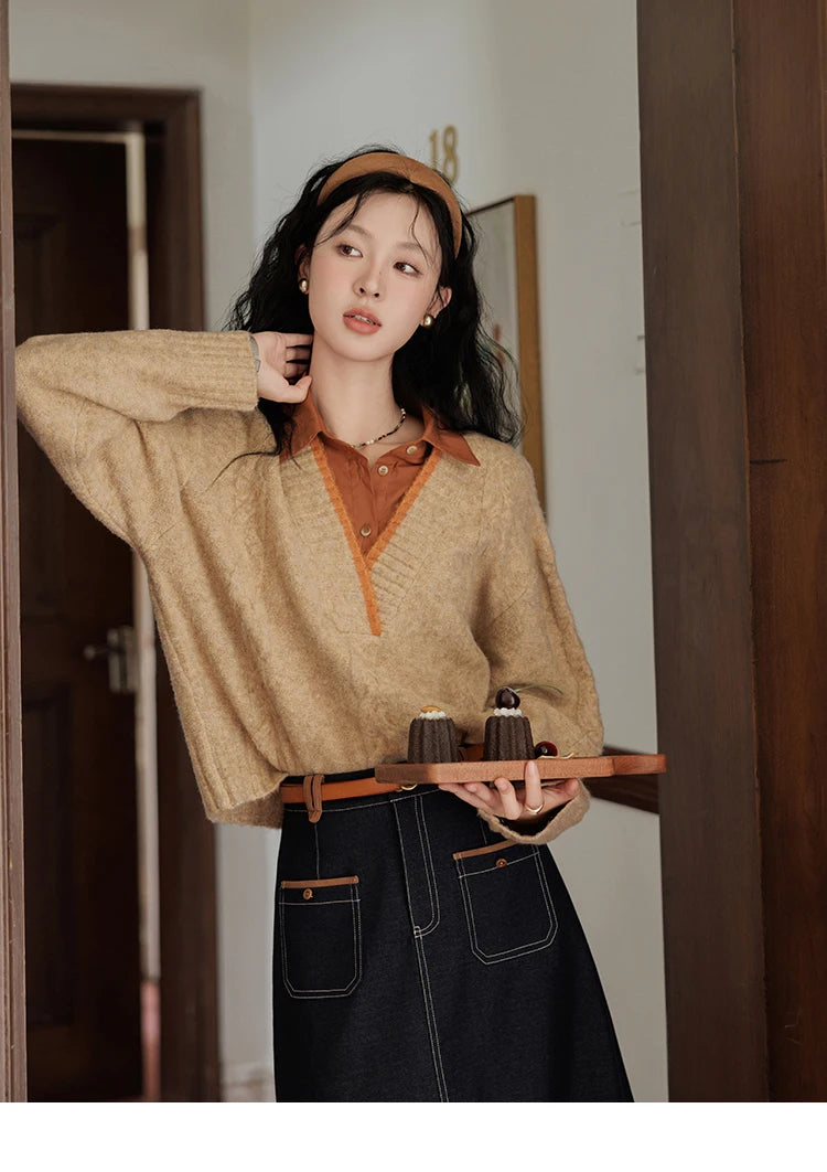 MISHOW Vintage Sweater False Two-piece Sweet Fashion V-neck Knitwear 2024 Fall New Vintage Versatile Sweater Tops MXD42Z0695
