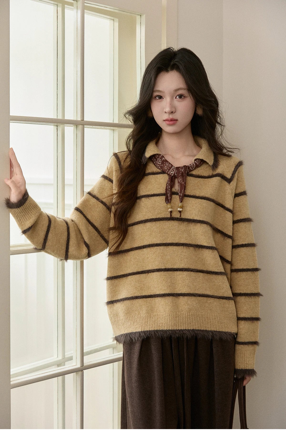 MISHOW Women's Faux Mink Fur Striped Sweater 2025 Winter Loose Lapel Tassel Hem Thickened Knitwwear Excluding Scarves MXE93Z2945
