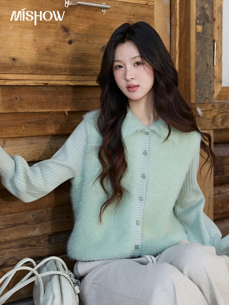 MISHOW Women's Green Faux Mink Fur Patchwork Knitted Cardigan Winter Lapel Warm Soft Knit Top single-breasted sweater MXE86Z2764