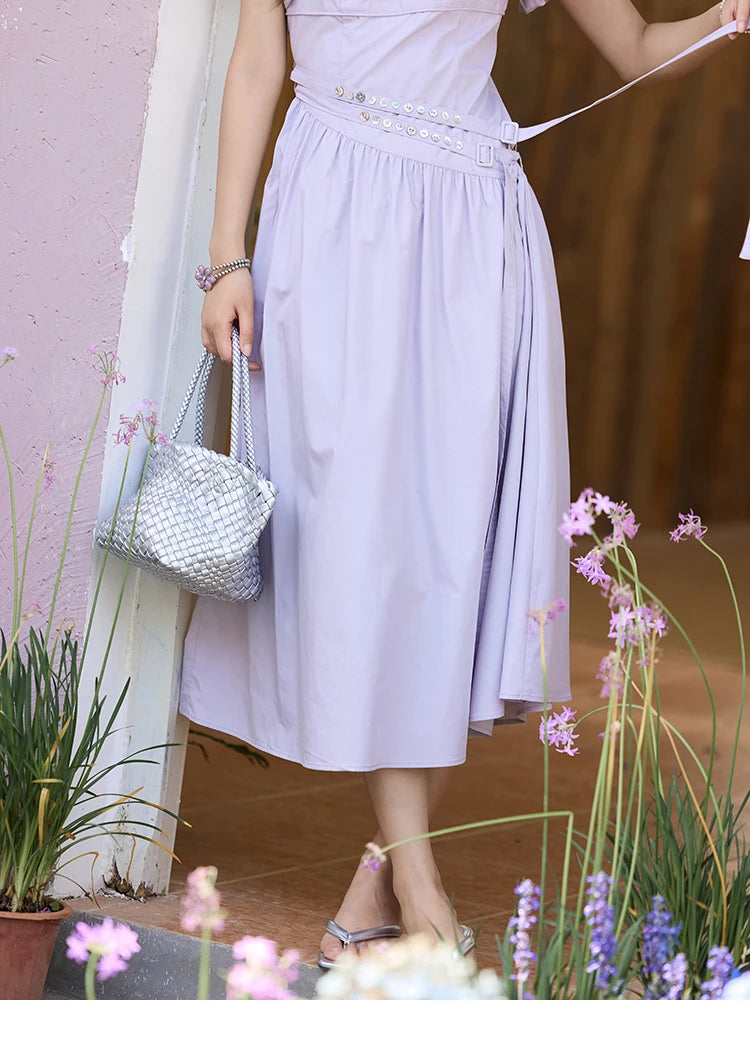 MISHOW French Purple Dresses Women Summer 2025 Solid Short Puff Sleeve Square Neck Slimming Dress Woman New Fashion MXE34L2222