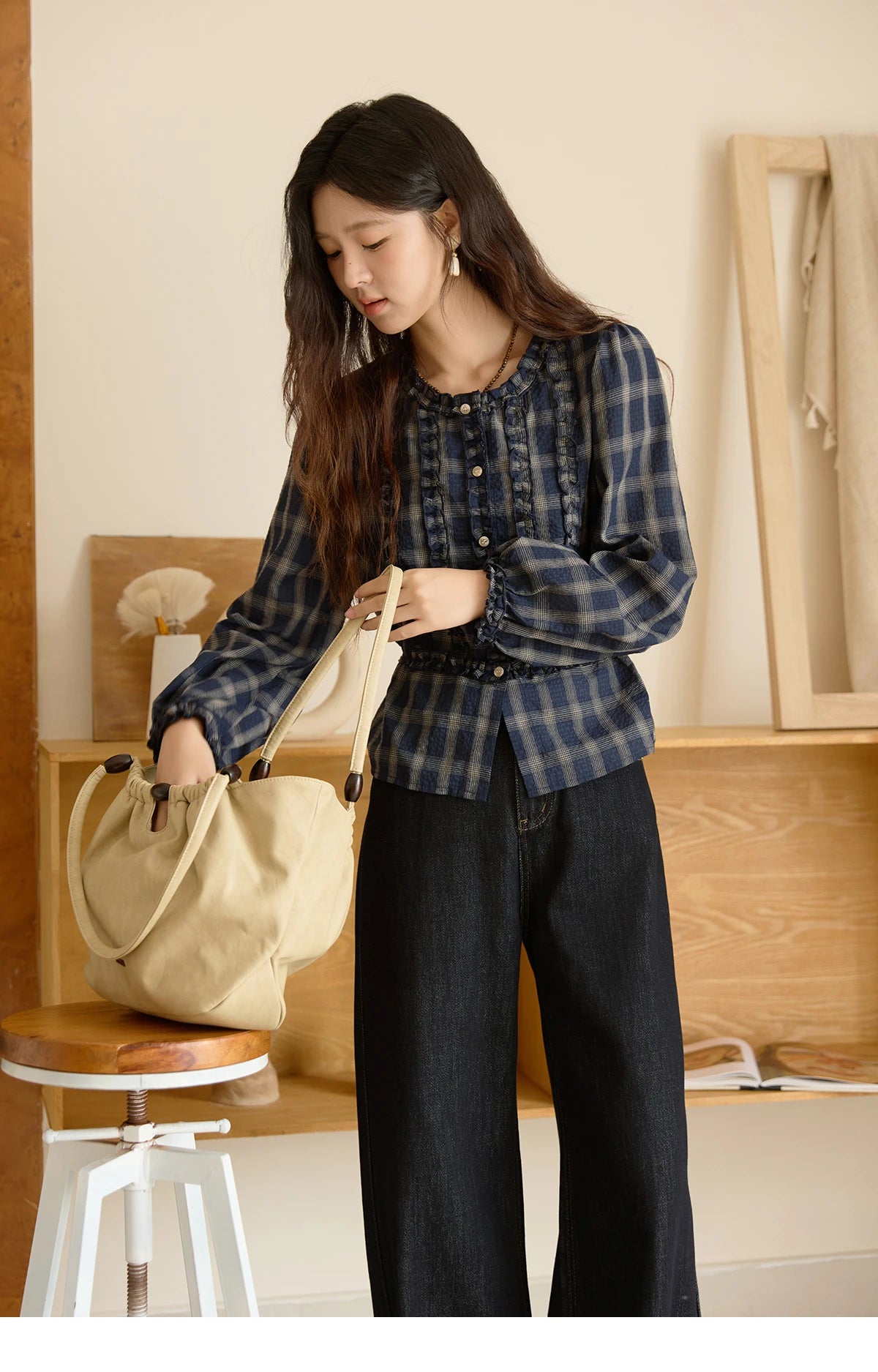 MISHOW Women's Vintage Blue Plaid Shirt 2025 Autumn New Elegant Luxury Loose Waist Shirts Round Neck Long Sleeved Top MXE45X2480