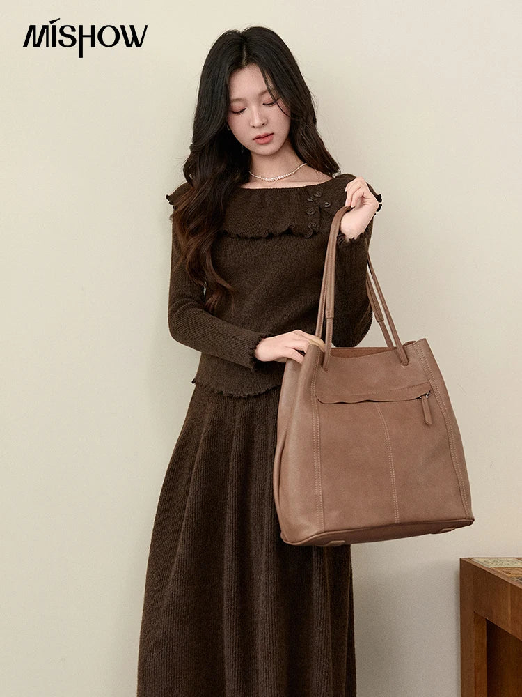 MISHOW Women's Retro Knitted Two-Piece Set 2025 Winter Coffee Ruffle Boat Neck Top A-Line Elastic Waist Skirt Outfit MXE93T1455