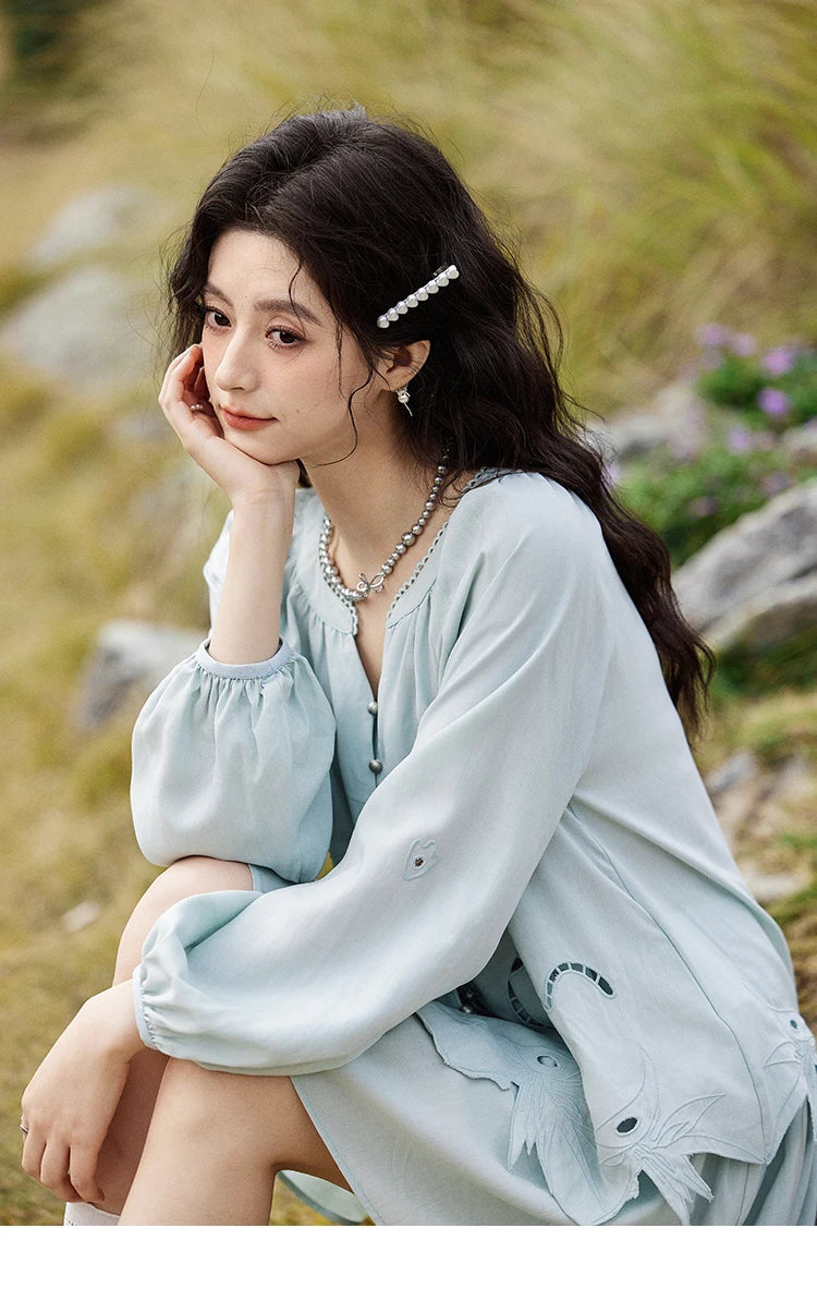 MISHOW Women's Sweet Blouses A-line Skirts Set Vintage Hollow Out Embroidery Loose Shirt Solid Skirt Two-piece Set MXE12T0455