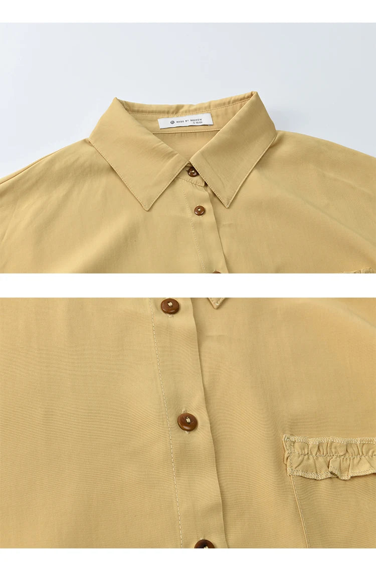 MISHOW Autumn French Drawstring Waist Shirt 2025 Yellow Hem Lotus Leaf Top Female Lapel Lantern Sleeve Commuter Shirt MXE42C2368