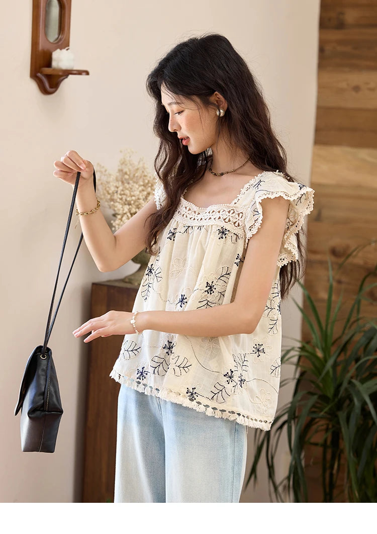 MISHOW Square Collar Embroidered Doll Blouses for Women Summer 2025 Flying Sleeve Patchwork Lace Tassels Retro Tops MXE35X1839