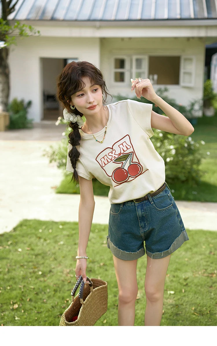 MISHOW Denim Shorts Cotton Elastic for Women 2024 Summer Korean High Waist Curled Edge Pants Casual Slim Short Pants MXD30K0659