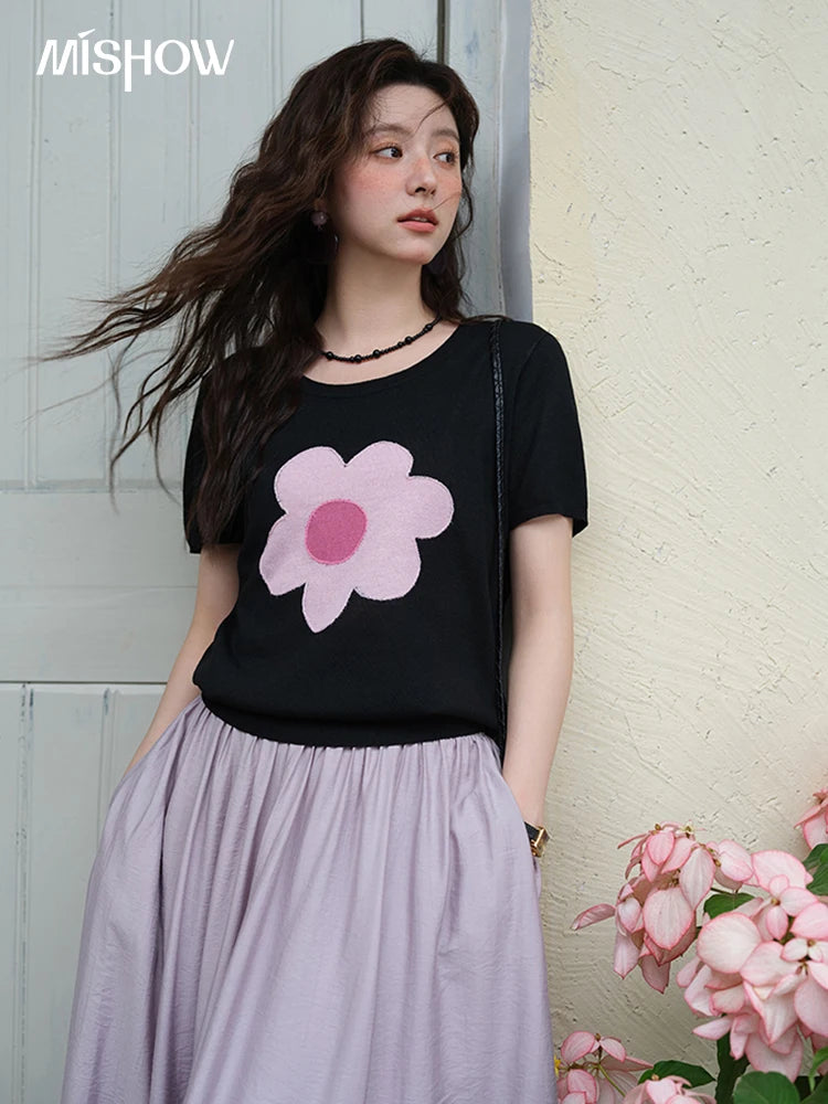 MISHOW Contrast Color Flower Knitted T-shirts for women 2025 Summer New Round Neck Top Women's Clothing Commute Tee MXE39Z1311