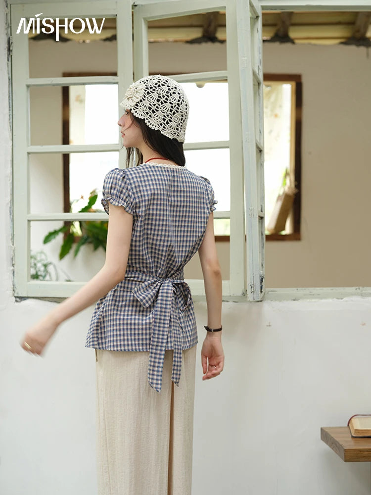 MISHOW Women's Garment Sleeves Plaid Shirt 2025 Summer New Fashion Lace V-neck Shirt Button Belt Top Female Clothing MXE36X1814