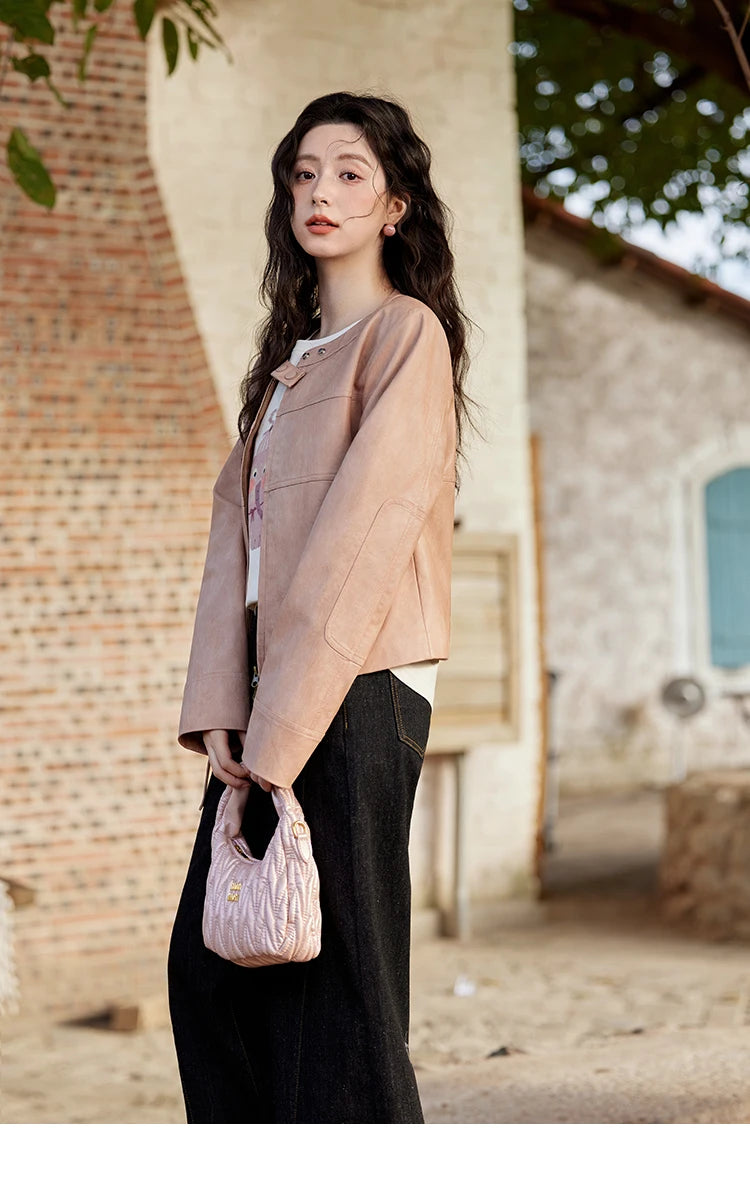 MISHOW Fashion Pink Leather Jacket Women's Spring 2025 New Shoulder Long Sleeved Slim Fit Leisure Tops Coat Female MXE11W0714