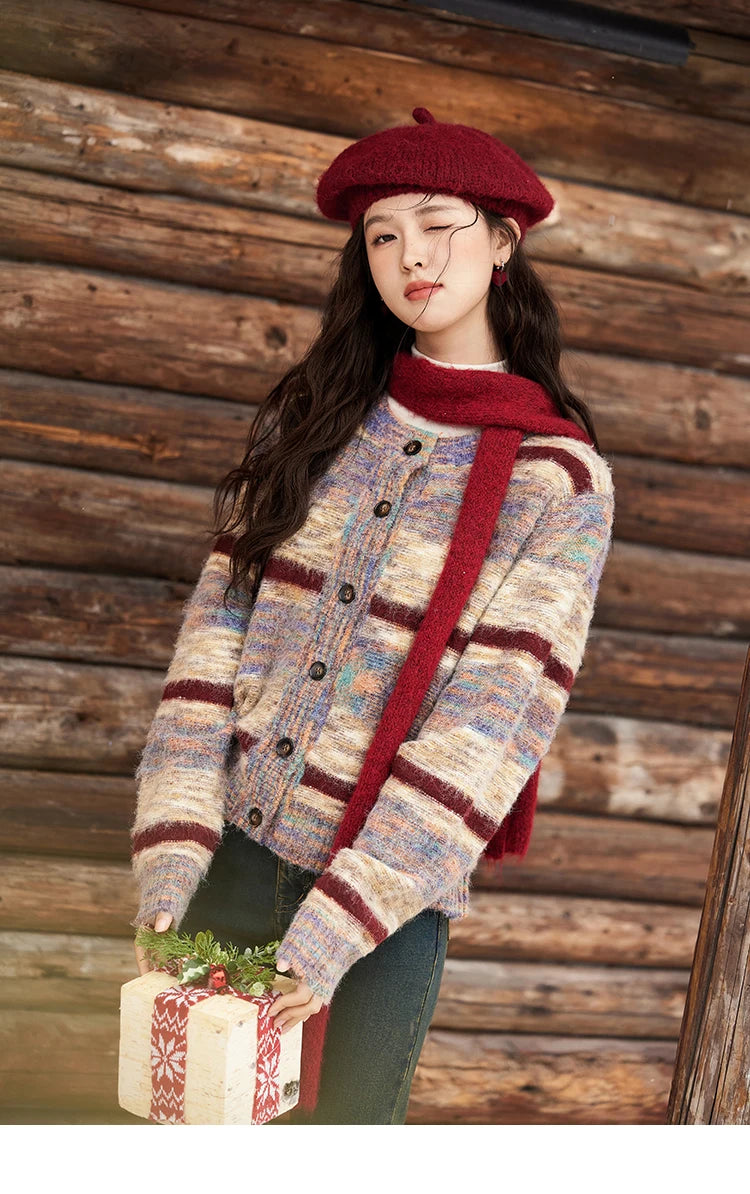 MISHOW Striped Sweaters Short Contrast Color Loose Casual O-Neck Single Breasted Tops Soft Warm Knitted Cardigans MXD59Z1061