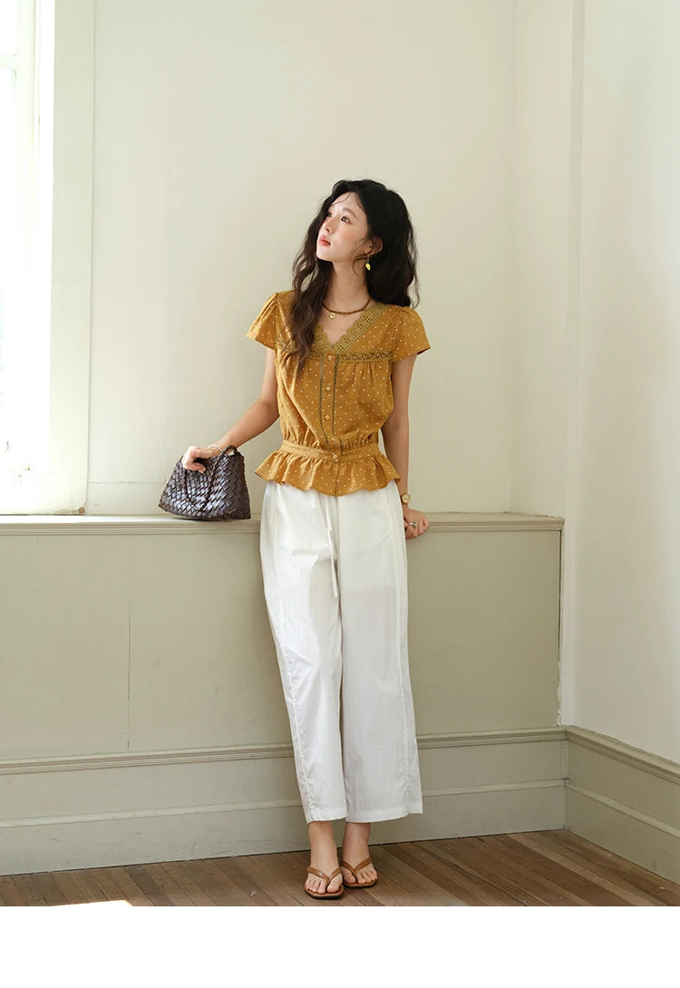 MISHOW Women's V-neck Lace Splicing Blouse 2025 Summer New Ladies Fashion Polka Dot Hollow Ruffle Button Female Top MXE38X1847