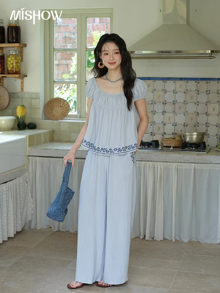 MISHOW Women's Two Piece Set 2025 Summer New Embroidery Flower Round Neck Blouse Fashion Pocket Wide Leg Pants Set MXE39T0669