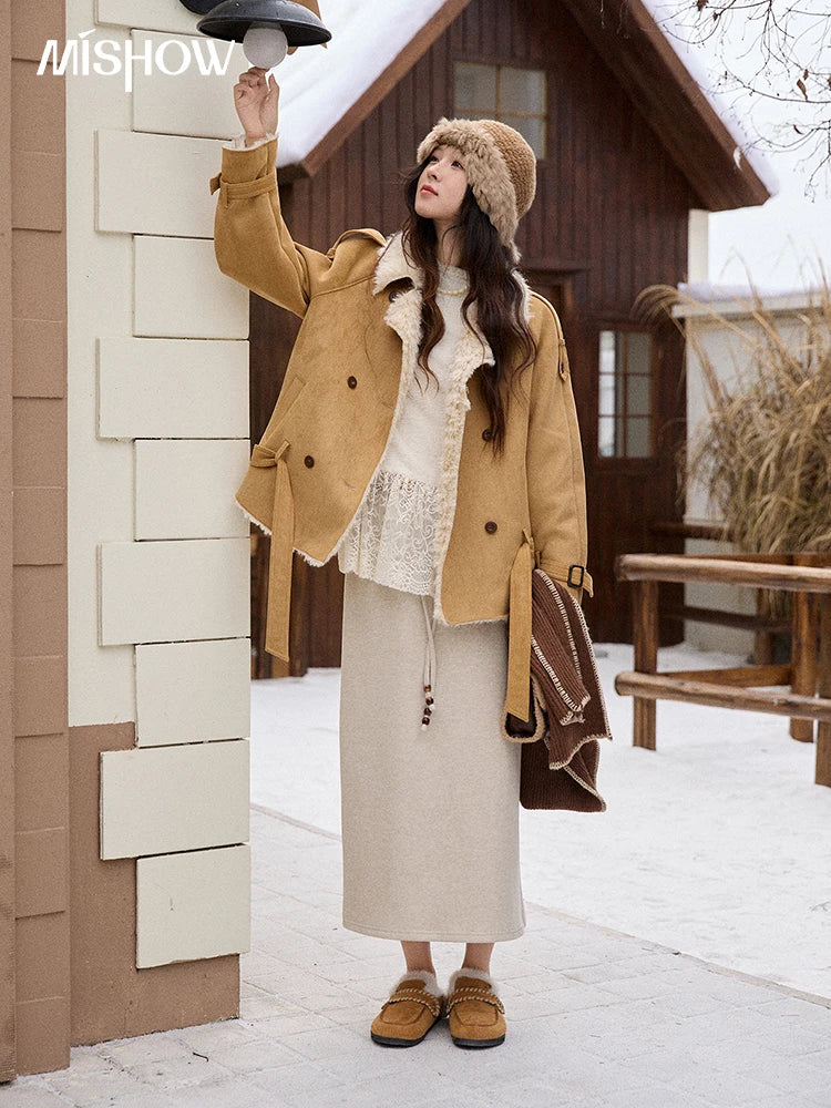 MISHOW Women Winter Jacket 2025 Fashion Suede Lambskin Fleece Coat Commute Windproof Retro Double-breasted Warm Coat MXE86W0907