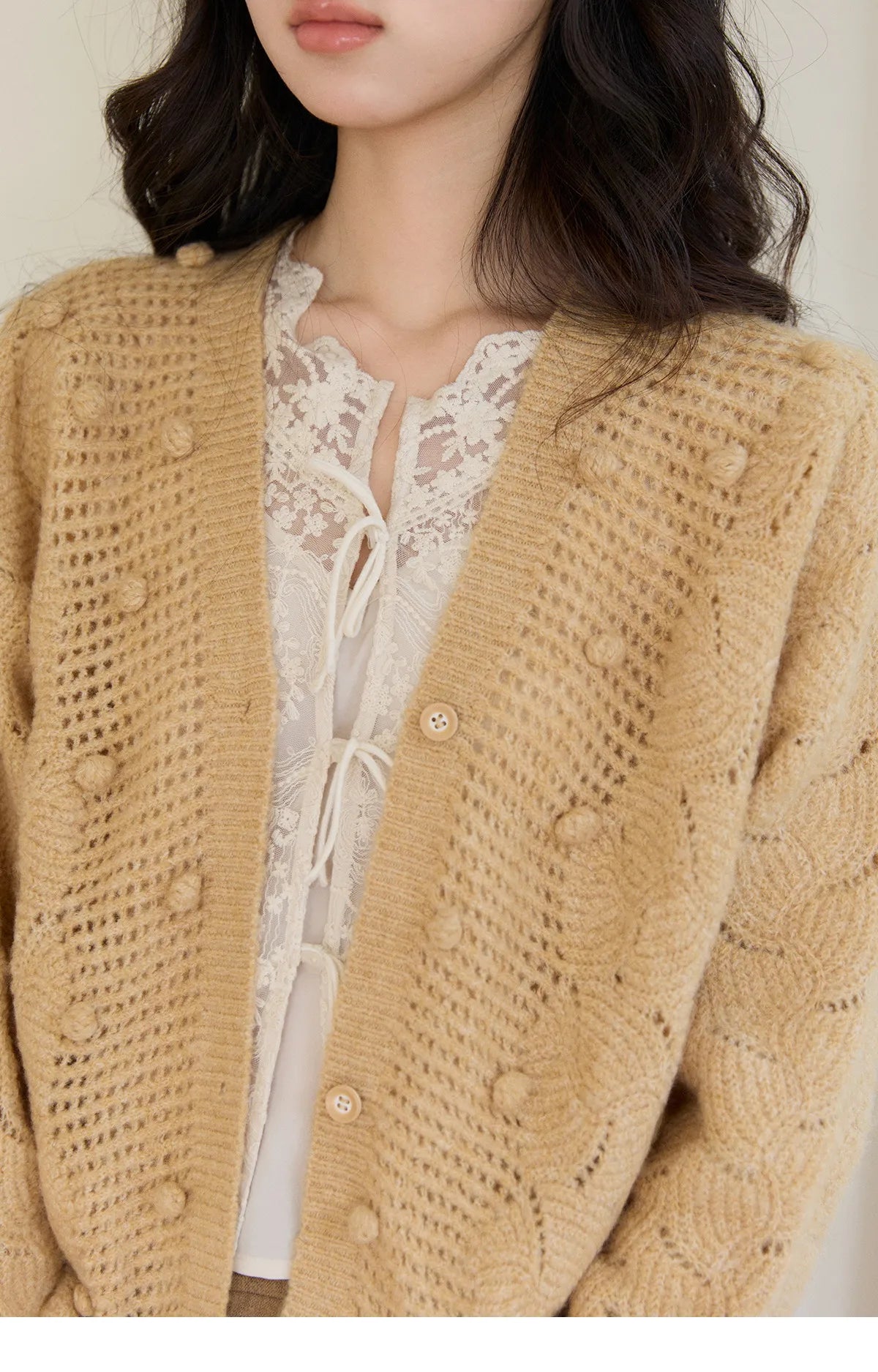 MISHOW Women's Solid Hollow-out Knit Thin Cardigan 2026 Spring V-Neck Bobble Knit tops Casual Loose Knitted Sweater MXF108Z1020