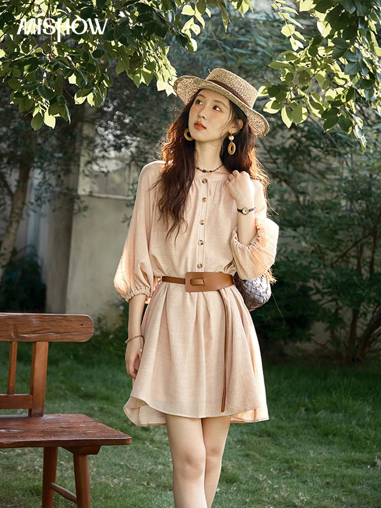 MISHOW French Retro Midi Length Sleeves Dress Summer O-neck Single Breasted Dresses Casual Tea Break Dress with Belt MXE39L2409