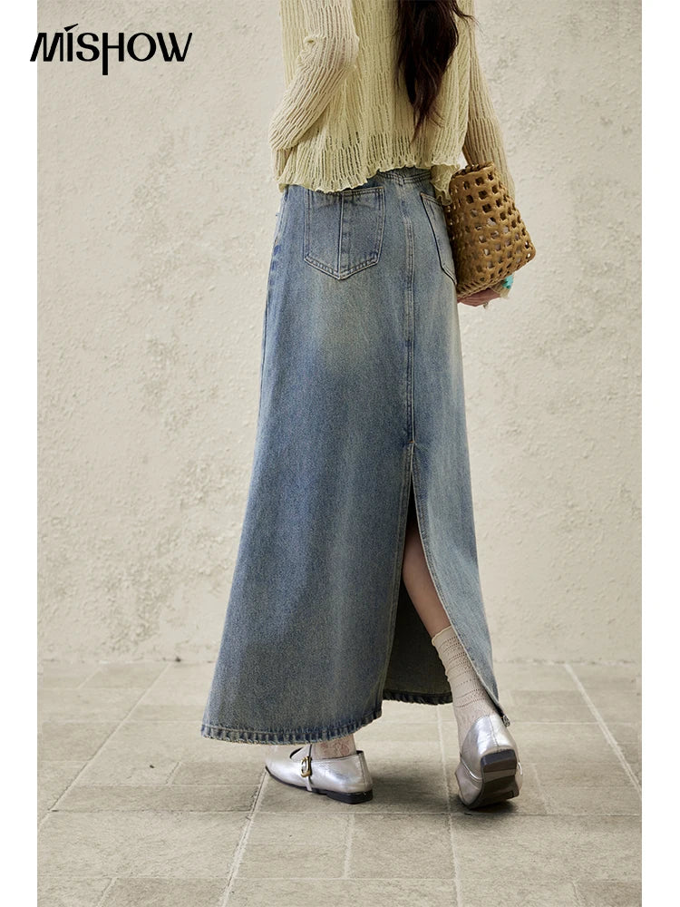 MISHOW Denim Skirt Women 2025 Spring Irregular Wash Denim Distressed Skirts Split Back Hem High Waist Commuter Skirt MXE14B0705