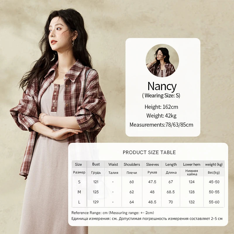 MISHOW Women's Plaid Shirt Grey Vest Dress Separately Spring Lapel Collar Shirt U-neck Sleeveless Dresses (Not A Set) MXE13L2093