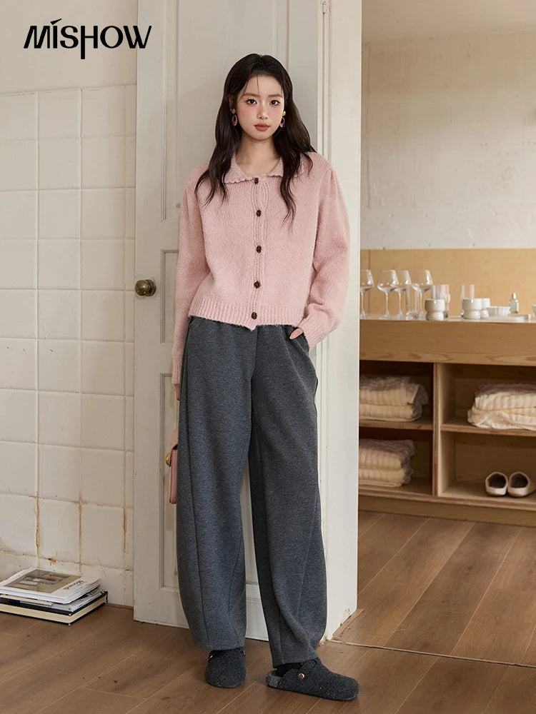 MISHOW Pink French Cardigan Women 2025 Autumn Winter New Sweet Turn-down Collar Single-breasted Loose Knit Sweater MXE48Z2569