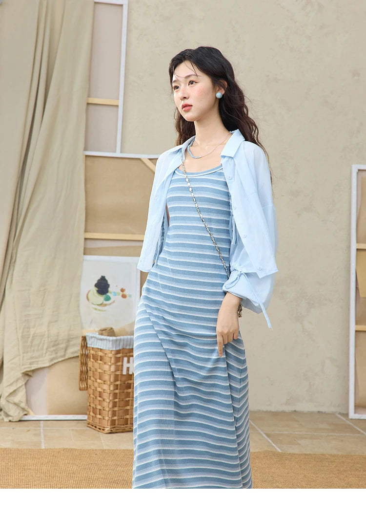 MISHOW Women's Blue Striped Camisole Dress Lyocell Shirt Separately Summer 2025 Lapel Solid Shirt O-neck Strap Dress MXE34L2285