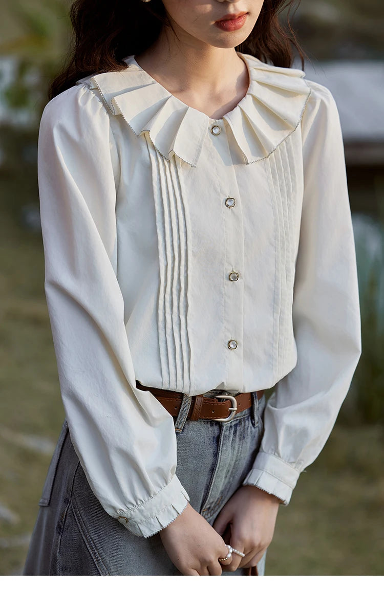 MISHOW French Tucker Pleats Doll Neck Shirt for Women 2025 Spring Straight Shirt Ruffled O Neck Shirts Office Lady MXE12C0401